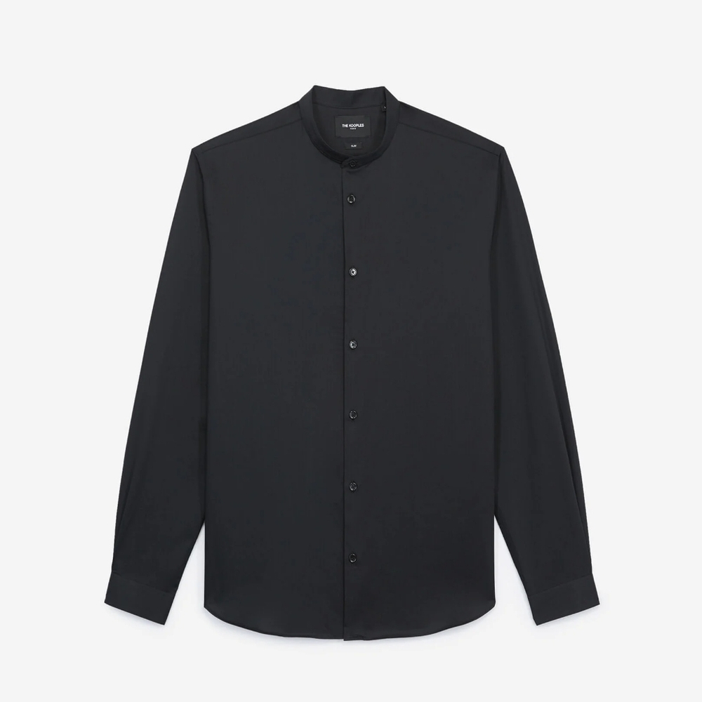 The Kooples Mao-neck Fitted Buttondown Shirt in Black Poplin Cotton